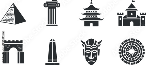 Collection of black and white vector icons featuring iconic architectural landmarks and symbols for design and cultural projects
