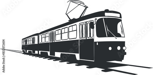 Silhouette vector illustration of an electric train in black and white, suitable for transportation design projects and urban themes