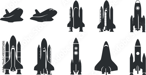 Set of minimalist black and white vector illustrations of various rocket designs for space exploration and technology themes