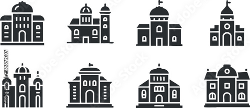 Collection of minimalist black and white vector icons depicting various architectural buildings for urban design projects