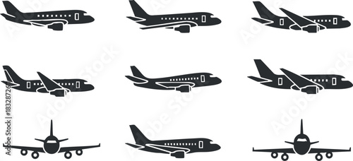 Silhouette vector icon set showing various airplane designs for transportation and travel-related projects