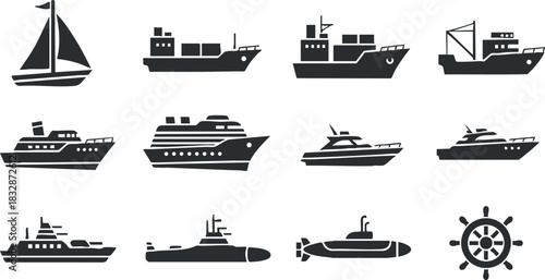 Collection of vector icons featuring various types of ships and boats in a minimalist style, ideal for marine-themed projects