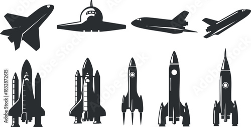 Collection of black silhouette vector illustrations of various rockets and space shuttles for technology and aerospace themes