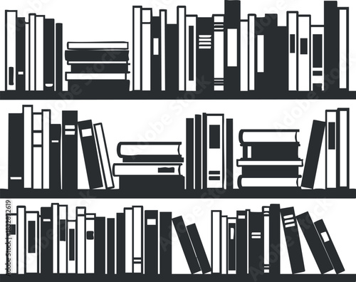 Minimalist black and white vector illustration of bookshelves filled with various books, ideal for educational and library-themed projects