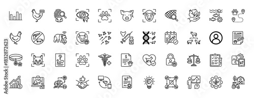 Veterinary medicine and livestock farming line icon set. Vector pictograms of animal care, identification, vaccination, and insurance claims, thin linear illustration.