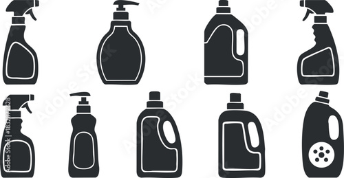 Silhouette vector icon set showcasing various cleaning product bottles in a modern minimalist style for branding and design projects