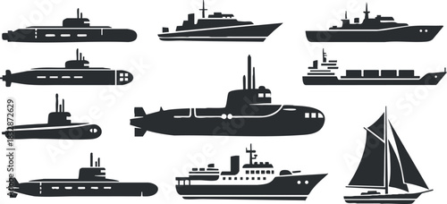 Collection of minimalist black and white vector illustrations of various ships, submarines, and sailing vessels for marine-themed design.