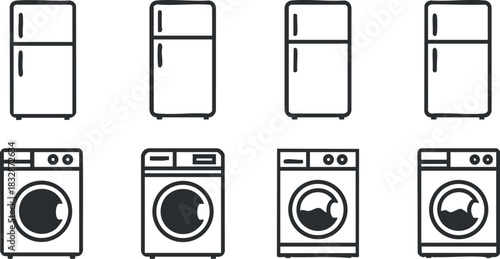 Outline vector illustration set of refrigerators and washing machines suitable for home appliance design and branding projects