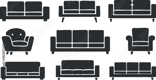 Flat design vector illustration of various sofa styles including modern and classic designs for home decor and interior design projects.