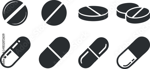 Set of black and white vector icons depicting various types of pills and capsules for healthcare and pharmaceutical design.