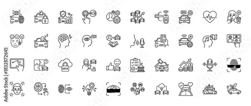 Smart car technology and autonomous driving line icon set. Vector pictograms of fingerprint security, health monitoring, car sharing, and remote access, thin linear illustration.