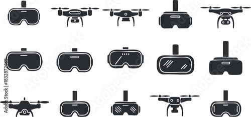 Collection of minimalist black and white vector icons featuring drones and virtual reality headsets for technology and design projects