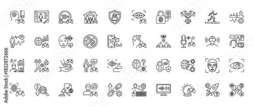 Gaming and virtual reality line icon set. Vector pictograms of game controller, brain interface, and security, thin linear illustration.