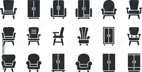 Stylish vector icon set featuring various chairs and cabinets in a minimalist black and white design for home decor