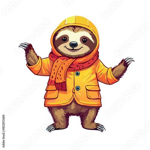 A pen drawing illustration of a full-length cute happy sloth in a raincoat with an orange scarf