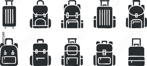 Vector icon collection featuring various styles of backpacks and luggage for travel and outdoor activities