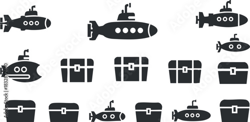 Vector icon pack featuring submarines and treasure chests in a minimalist black and white style for nautical-themed designs