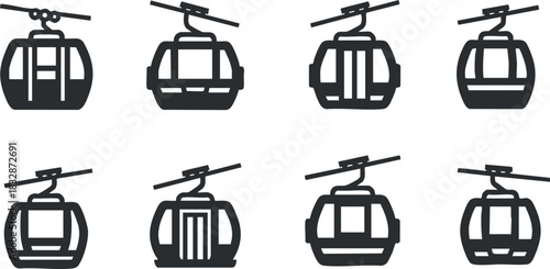 Set of minimalist black and white vector icons depicting cable cars and gondolas for travel and recreation design projects