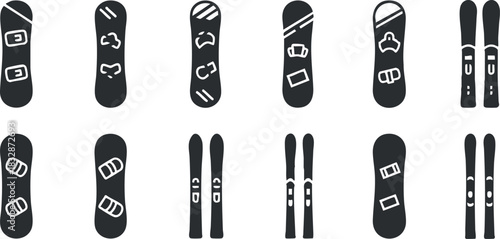 Stylized vector icon set featuring various snowboards and skis in a minimalist flat design for winter sports activities