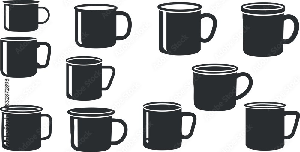 Obraz premium Stylish black and white vector icon set featuring various mug designs for beverage branding and design projects