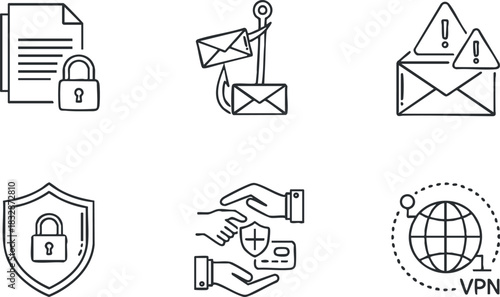 Outline vector icon set featuring security and privacy concepts including email protection, VPN, and data encryption for digital communication