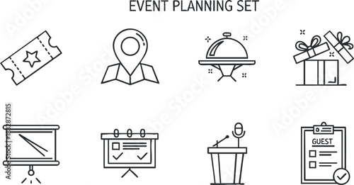 Flat line vector illustration event planning set featuring icons like tickets, location markers, gifts, and more for event management