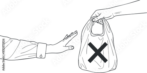 Minimalist line art illustration of a hand rejecting a bag with a prohibition symbol, suitable for environmental awareness campaigns.