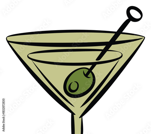 A classic martini cocktail with an olive garnish is ready to be enjoyed.
