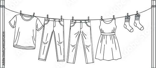 Minimalist black and white vector illustration of clothing hanging on a line, ideal for home decor or laundry concepts