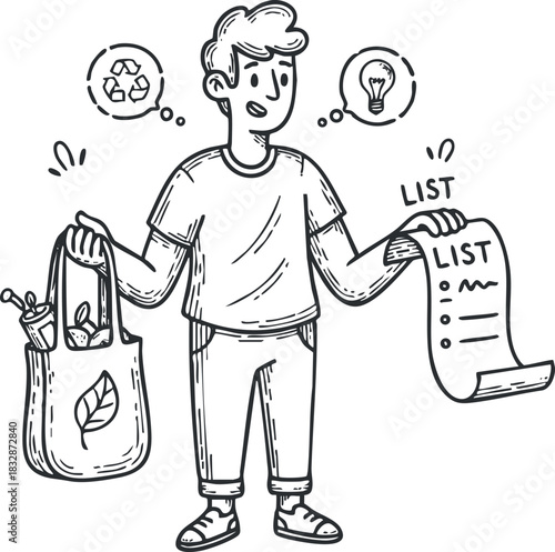 Hand-drawn vector illustration of a character holding a reusable bag and a shopping list, emphasizing eco-friendly concepts and sustainability