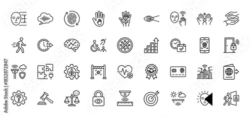 Technology and security line icon set. Vector pictograms of face recognition, fingerprint, brain, and target, thin linear illustration.