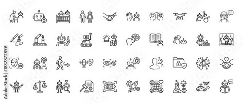 Artificial intelligence and robotics line icon set. Vector pictograms of robot assistants, drones, and machine learning concepts, thin linear illustration.