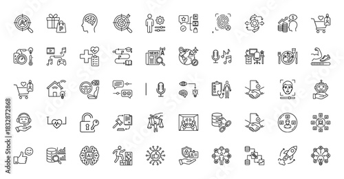 Business and technology line icon set. Vector pictograms of targeting, brain, data, security, and research, thin linear illustration.