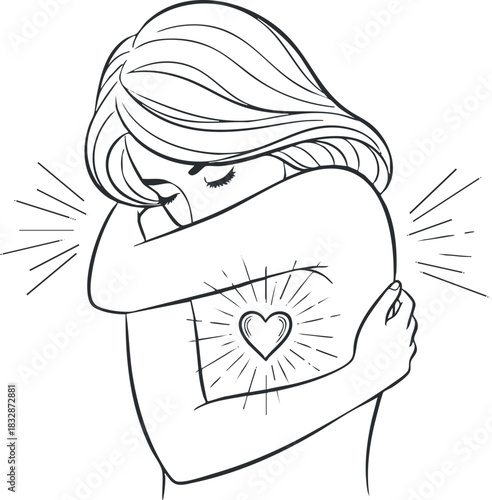 Line art illustration of a woman embracing herself with a heart symbol, representing self-love and emotional wellness