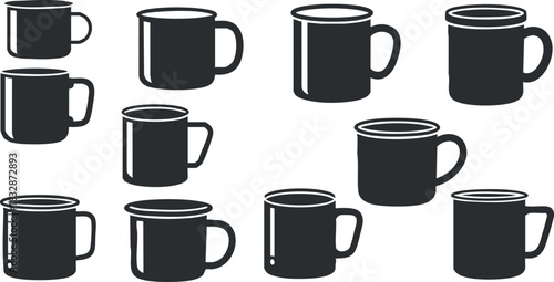 Stylish black and white vector icon set featuring various mug designs for beverage branding and design projects