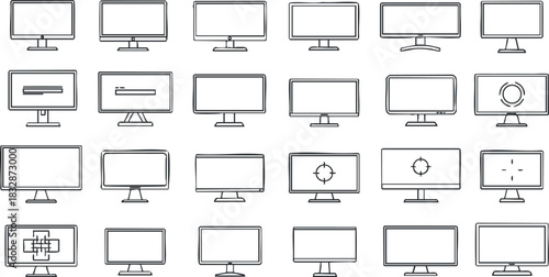 Outline vector illustration of various computer monitors and screens icons, suitable for technology and web design projects