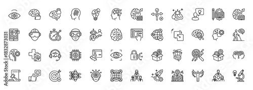 Artificial intelligence line icon set. Vector pictograms of machine learning, neural network, robot, computer vision, chatbot, processor, biometric and analysis, thin linear illustration.