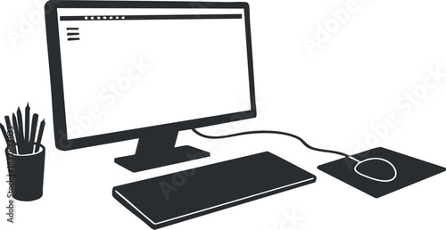 Minimalist vector illustration of a computer workstation featuring a monitor, keyboard, mouse, and stationery for office design projects