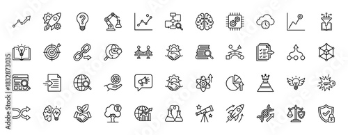 Business and science line icon set. Vector pictograms of research, innovation, analytics, and strategy, thin linear illustration.