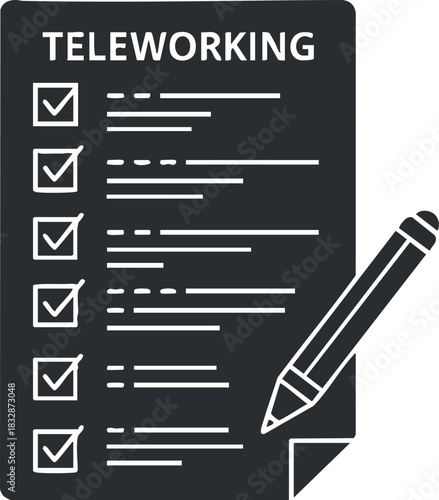 Black and white vector illustration of a teleworking checklist with check marks and a pen, ideal for productivity and remote work concepts