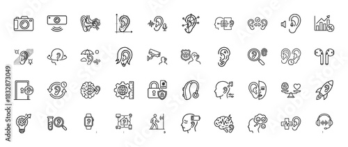 Hearing and audiology line icon set. Vector pictograms of ear anatomy, sound waves, security, and hearing aids, thin linear illustration.