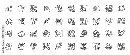 Science and technology line icon set. Vector pictograms of dna, brain, globe, and security, thin linear illustration.