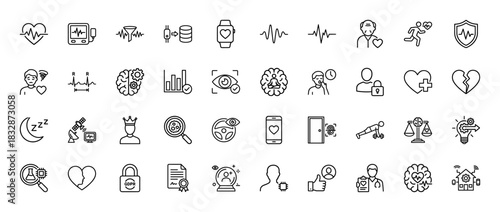 Health and technology line icon set. Vector pictograms of heartbeat, brain, sleep, fitness, and data analysis, thin linear illustration.