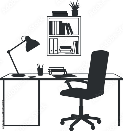 Minimalist black and white vector illustration of a modern office workspace featuring a desk, lamp, bookshelf, and chair.