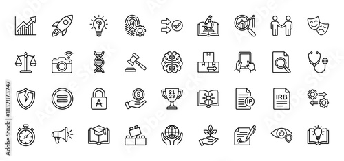 Innovation, research, and intellectual property line icon set. Vector pictograms of growth chart, microscope, brain, and handshake, thin linear illustration.
