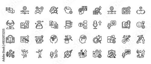 Creative expression and digital media line icon set. Vector pictograms of virtual reality, music, gaming, and learning concepts, thin linear illustration.