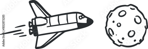 Black and white vector illustration of a rocket spaceship traveling towards a moon, ideal for space exploration themes