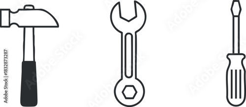Outline vector illustration of essential tools including a hammer, wrench, and screwdriver for DIY and repair projects