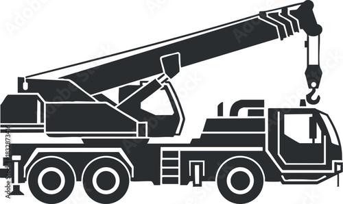 Modern black and white vector illustration of a crane truck for construction and industrial design projects