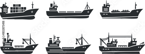 Collection of six minimalist black and white vector illustrations of various ships for maritime and logistics design projects